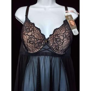 NWT Daisy Fuentes Black Lace Longline Babydoll, Valentine, Size L
